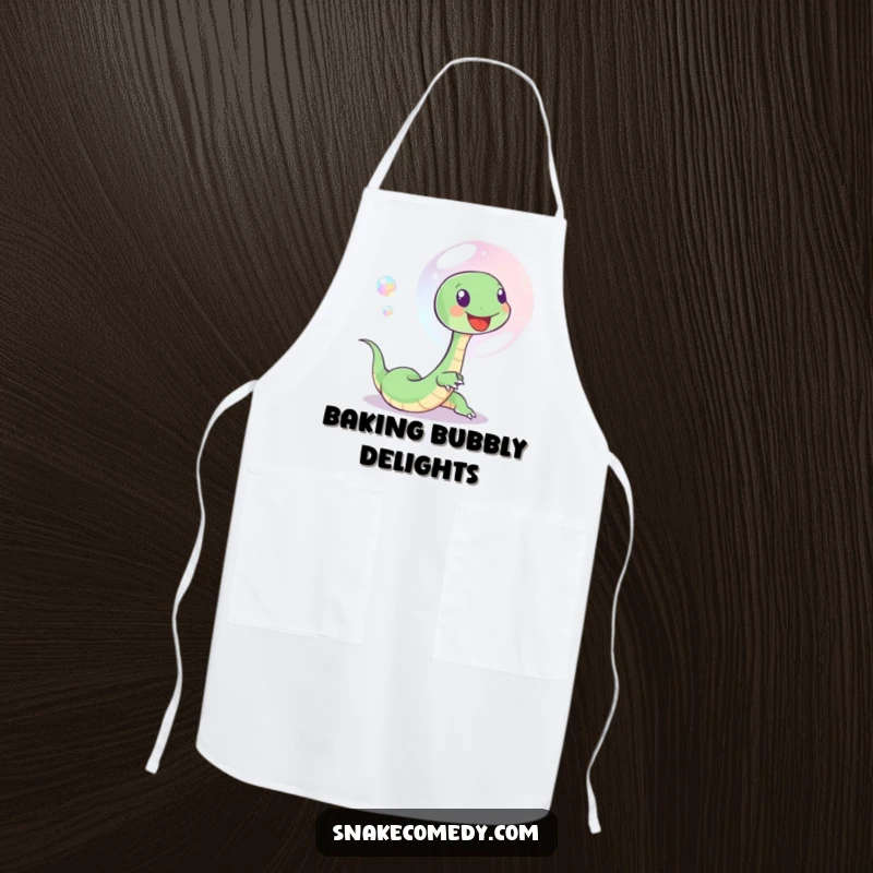 Funny apron showing a small, happy snake playfully chasing a beautiful iridescent soap bubble, adding humor and charm to cooking.