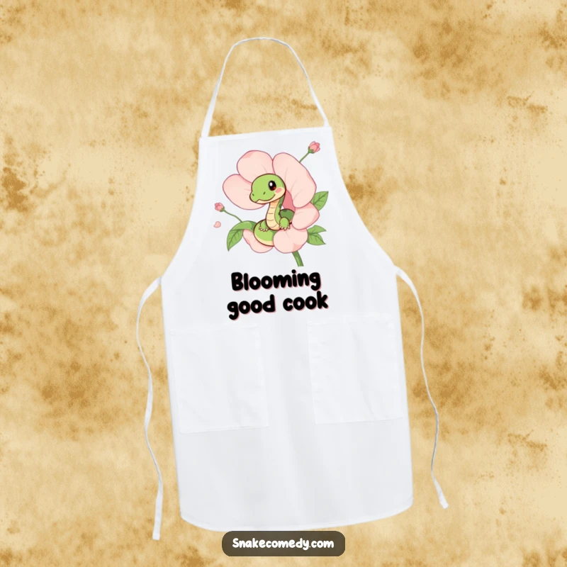 Funny apron showcasing a cute snake playfully peeking from a beautiful flower, adding a humorous and charming element to kitchen duties.