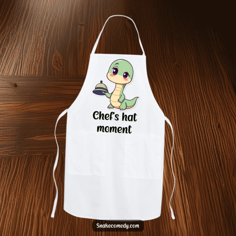 Funny apron showing a snake looking surprised, eyebrow raised high, holding a tiny hat, ready for cooking drama.