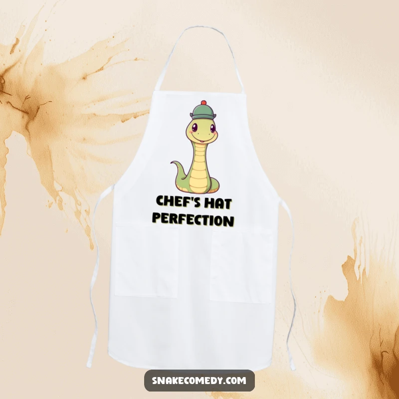 Funny Snake Hat Apron: A humorous apron with a snake happily balancing a small, round hat, perfect for stylish cooking.
