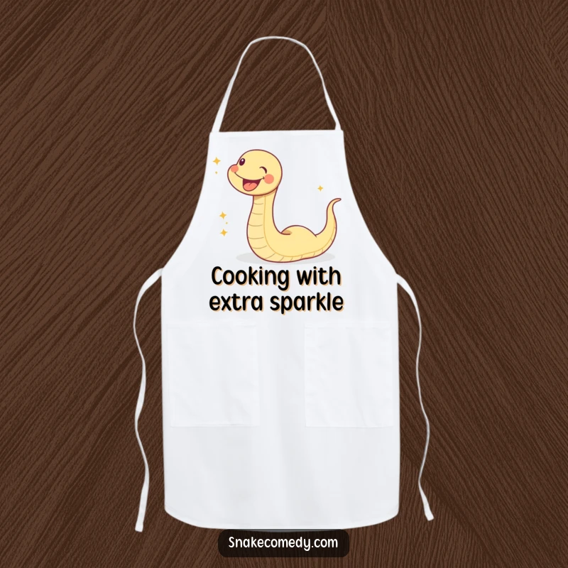 Funny sparkle snake apron, a happy snake character slithering with a trail of sparkles, perfect for a joyful cooking experience.
