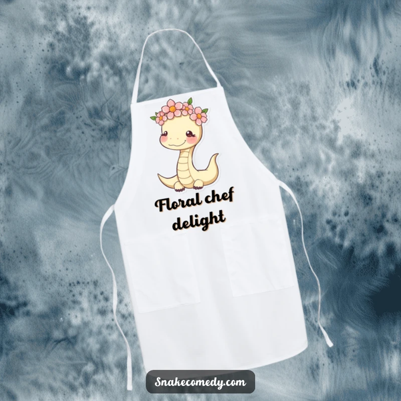 Funny Serene Snake Apron: serpent with a flower crown, ideal for kitchen peace and cheerful gifts.