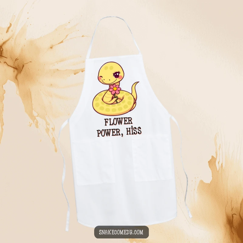 Funny coiled snake winking and offering a flower on an apron, a humorous kitchen accessory for chefs.
