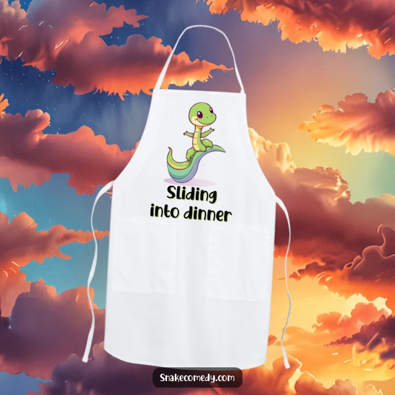 Funny apron with a giddy snake character balancing on a winding slide, bringing adventure and humor to cooking.