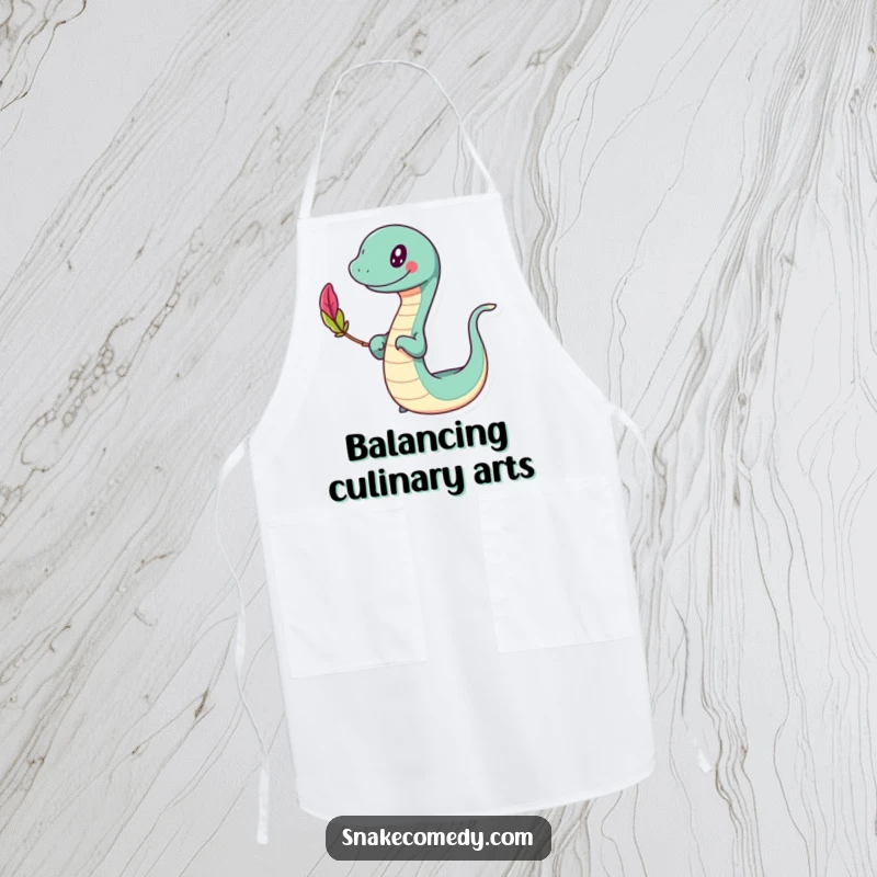 Funny slithering apron, happy character swaying while balancing a colorful feather, whimsical kitchen wear, a perfect funny gift.