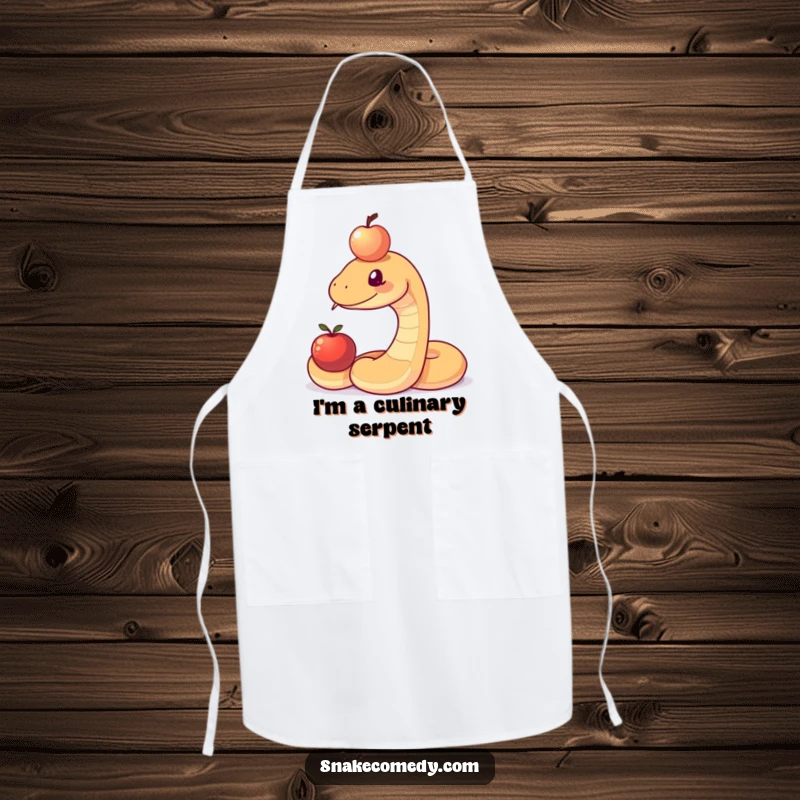 Funny apron depicting a snake attempting to balance a shiny apple on its forehead while cooking, ideal for a humorous kitchen experience.