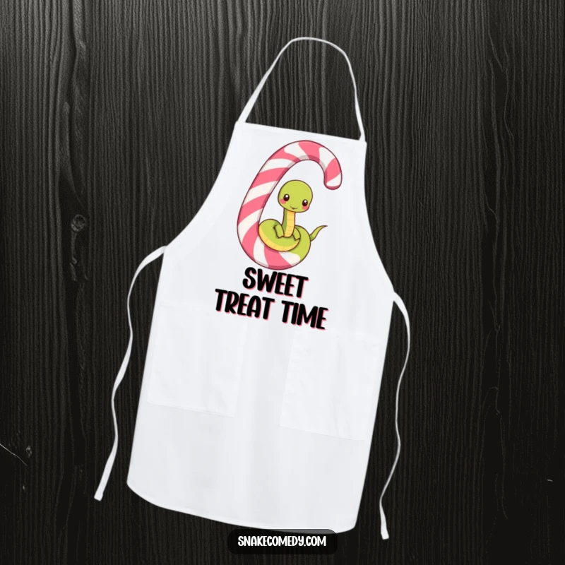 Funny apron with a happy snake character unwinding from a big, striped candy cane, making kitchen tasks a humorous delight.