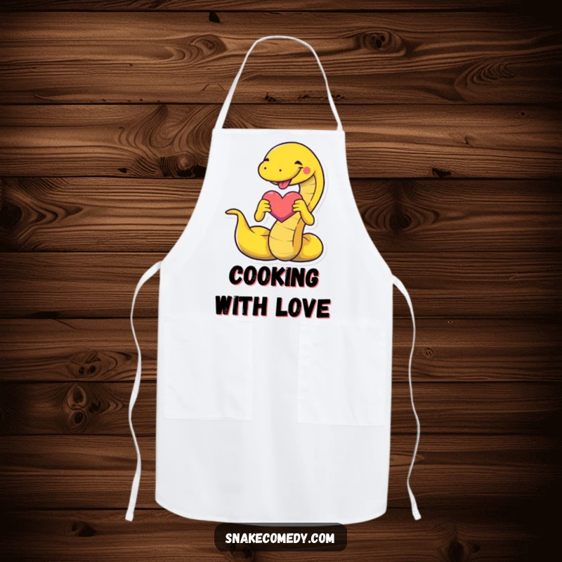Funny snake apron with a snake enthusiastically forming a heart shape, ideal for adding humor and love to kitchen activities.