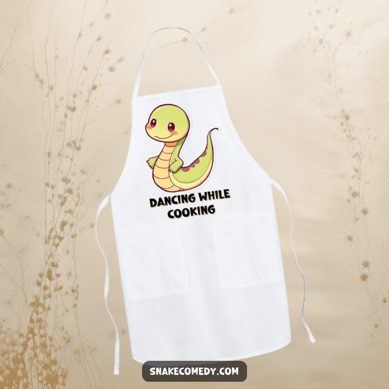 Funny snake apron showing a snake dancing rhythmically with its tail, perfect for adding fun to cooking.