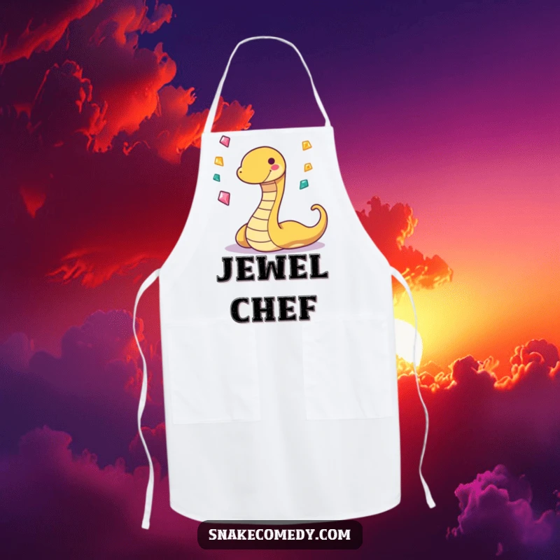 Funny apron with a playful, grinning snake character juggling three sparkling gems, making kitchen tasks dazzling and amusing.