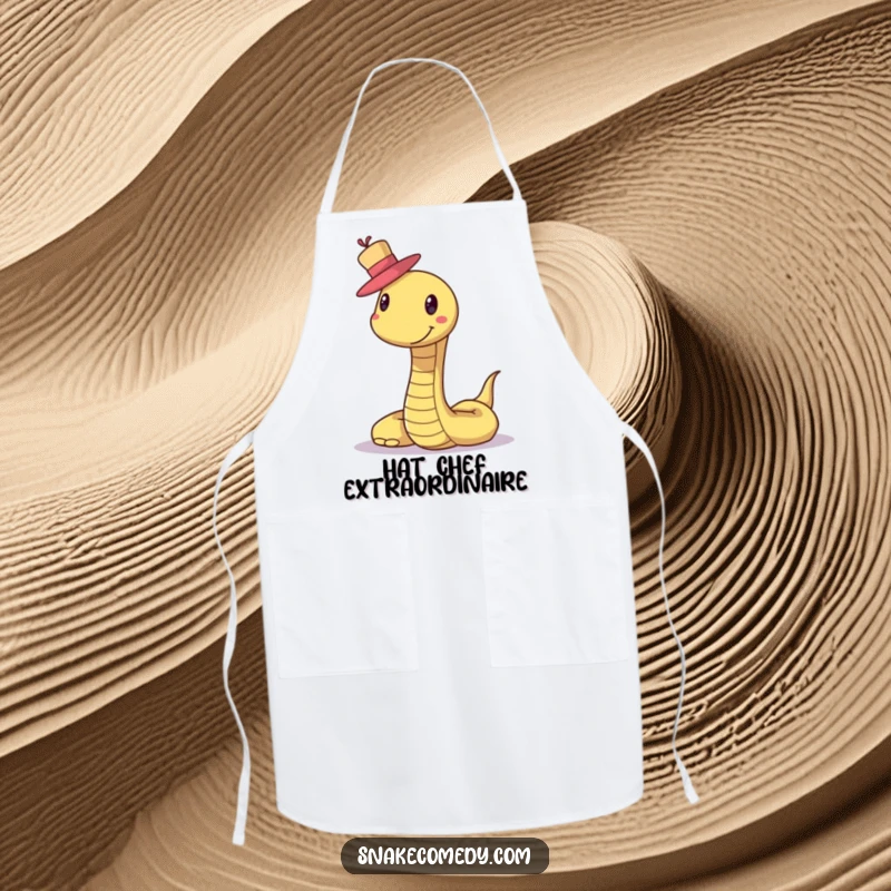 Funny Snake Hat Apron: A smiling snake is humorously shown balancing a tiny hat while preparing food in the kitchen.