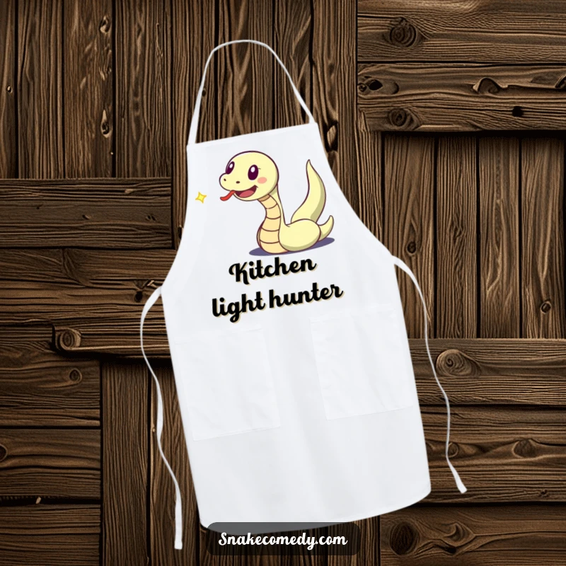 Funny apron illustrating a snake character with its tongue out, excitedly chasing a dancing speck of light while cooking.