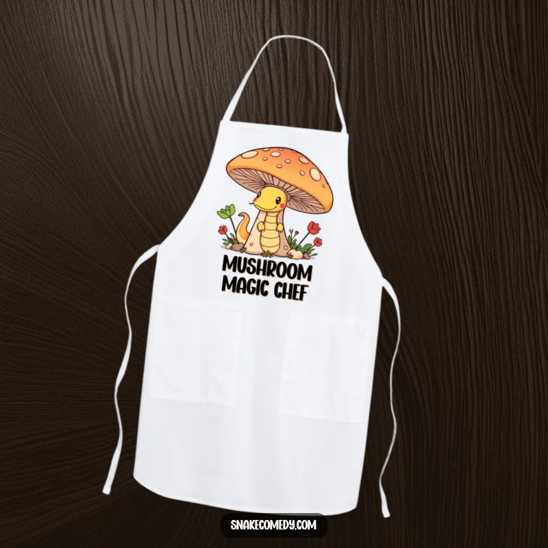 Funny apron featuring a sneaky snake peeking from behind a giant mushroom, perfect for adding humor to cooking sessions.