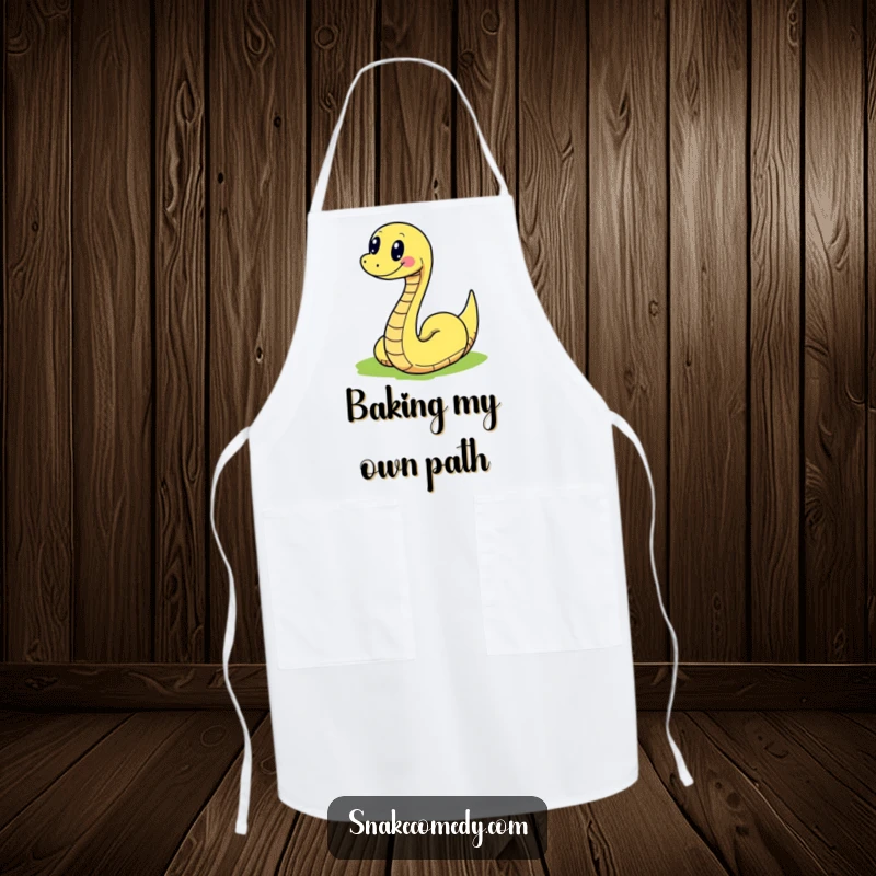 Funny snake joyfully slithering on a colorful path, on a humorous and functional apron.