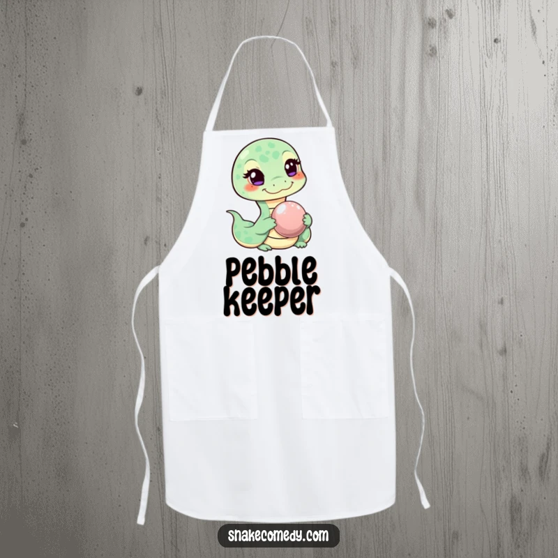 Funny apron featuring a sly, winking snake character holding out a shiny pebble, ideal for cooking with a humorous flair.