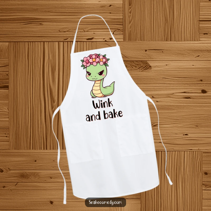 Funny snake with a flower crown winking slyly, printed on a functional and humorous apron for a playful kitchen experience.