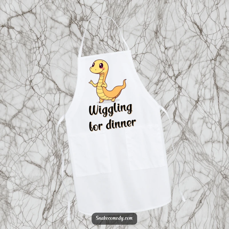 Funny snake apron showing a happy serpent doing a fun wiggle dance, its body in motion, bringing rhythm to cooking.