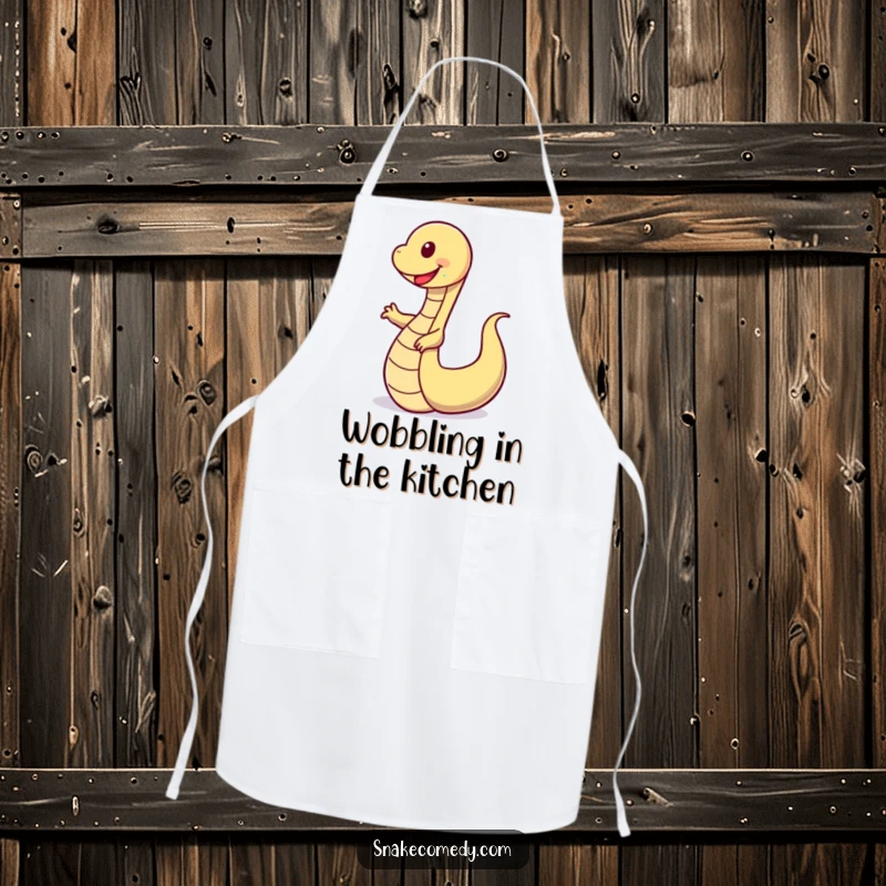 Funny apron showing a happy snake performing a comical wobbly dance, bringing humor and joy to kitchen tasks.