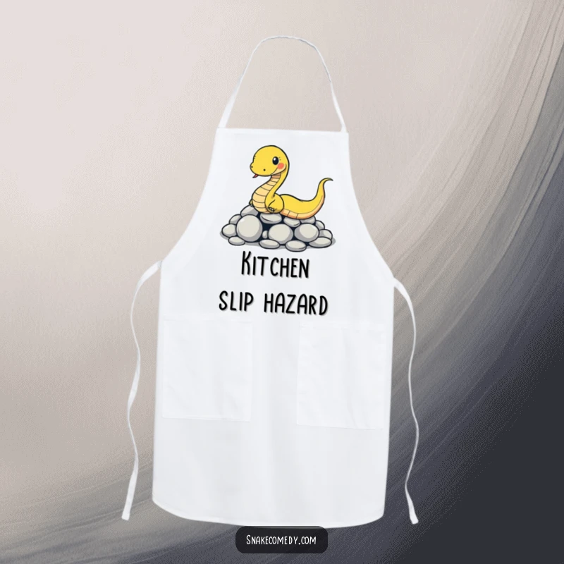 Funny snake apron showing a cartoon snake comically slipping on smooth round stones, adding humor to kitchen activities.