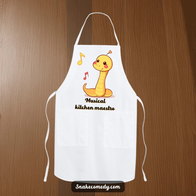 Funny apron with a snake playfully bopping a musical note, perfect for kitchen fun and music lovers.