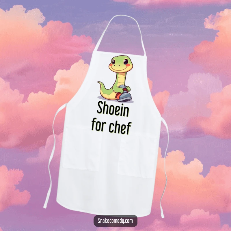 Funny apron with a happy snake wearing a wide smile while playfully trying on a shoe, perfect for kitchen joy.