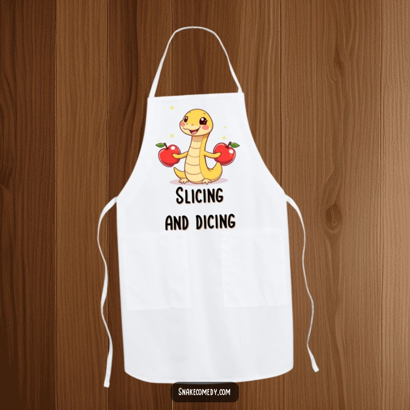 Funny snake juggling apples, gleeful wiggle, cartoon cooking apron, perfect humorous gift for chefs.