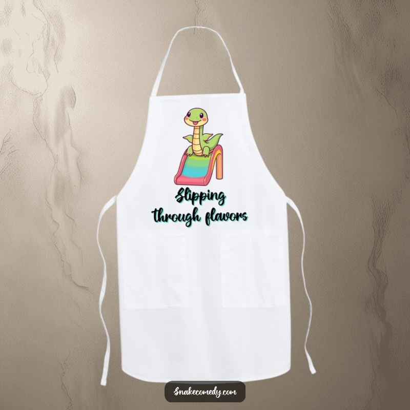 Funny snake sliding down a rainbow, happy cartoon, kitchen apron, perfect humorous gift for chefs.