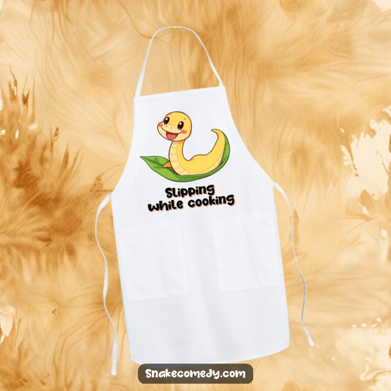 Funny snake apron showing an excited snake sliding down a leaf, perfect for adding fun to cooking.