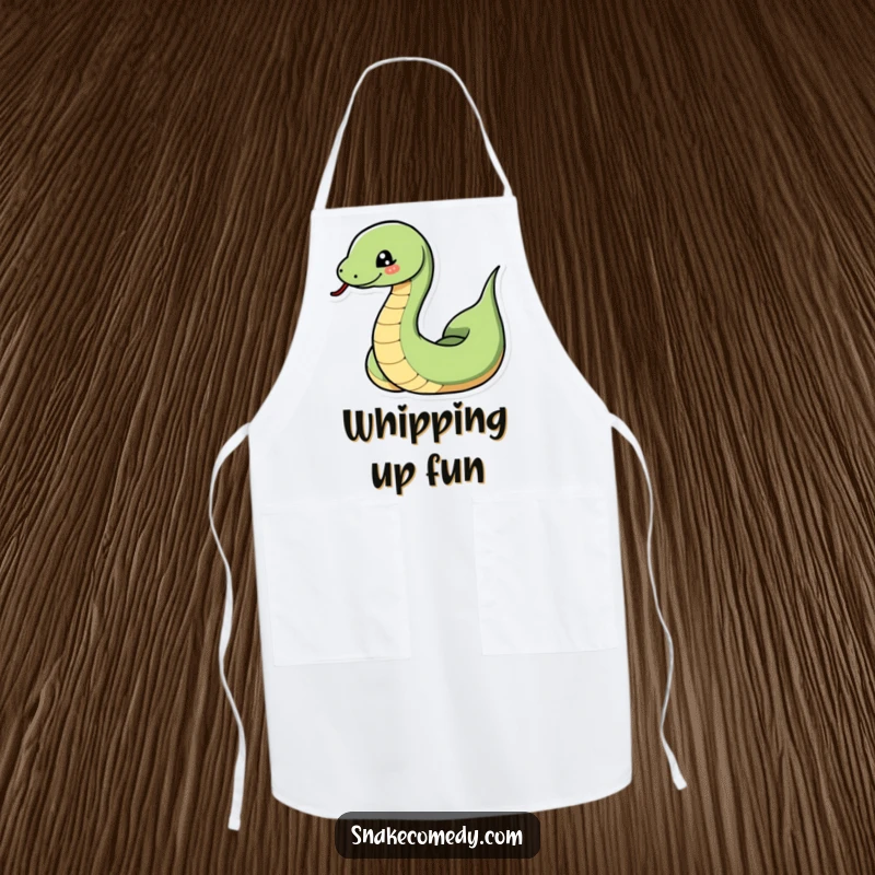 Funny snake apron with a snake dramatically coiling and uncoiling with a playful wink, perfect for adding dramatic humor to kitchen tasks.
