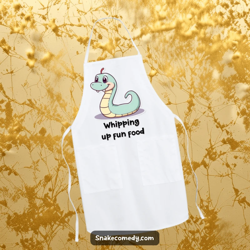 Funny serpentine apron, playful snake with a wide grin wiggling in a loop, whimsical kitchen wear, a perfect funny gift.