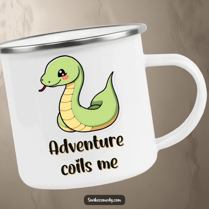 Funny snake camping mug featuring a snake dramatically coiling and uncoiling with a playful wink, perfect for adding humorous flair outdoors.
