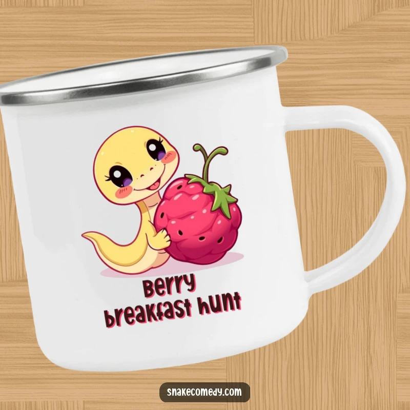 Funny Playful Snake Camping Mug: serpent chasing a berry, perfect for outdoor play and gifts.