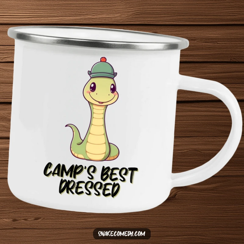 Funny Snake Hat Camping Mug: A sturdy mug showing a snake balancing a hat, perfect for stylish outdoor enjoyment.
