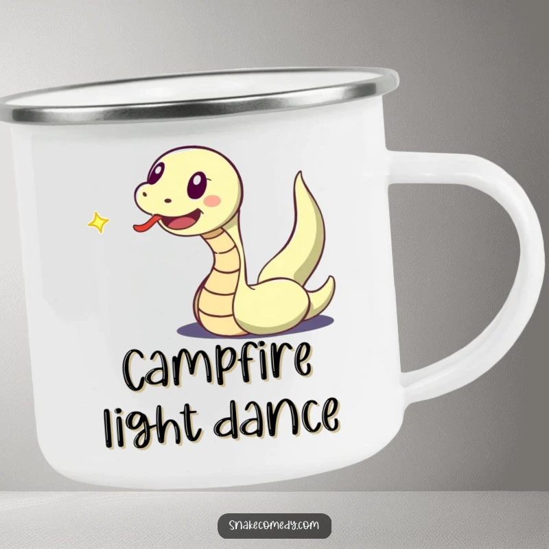 Funny camping mug depicting an excited snake character, tongue flicking, joyfully chasing a dancing speck of light.