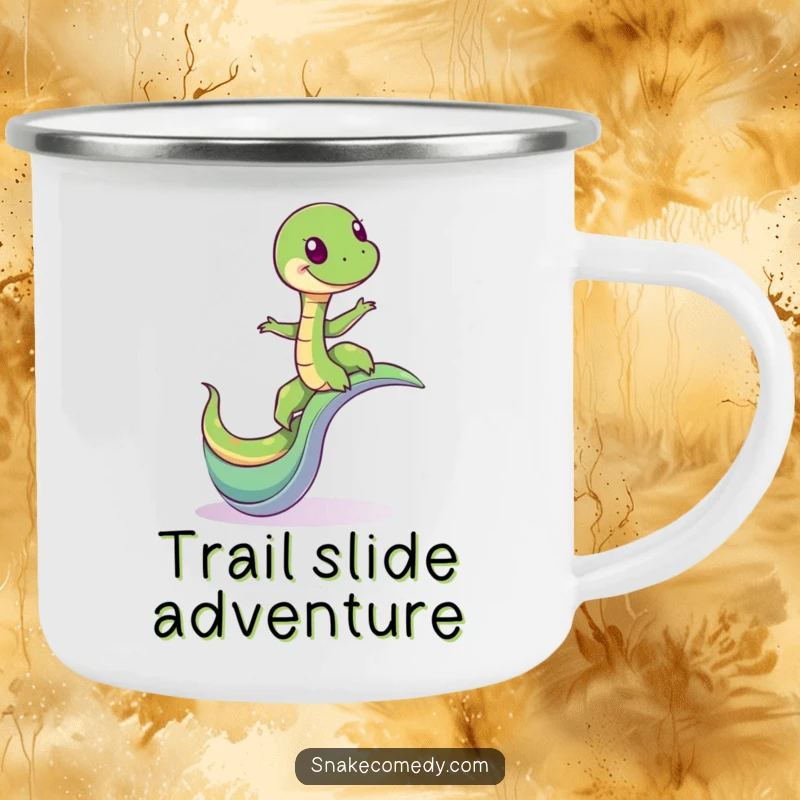 Funny camping mug with a giddy snake character balancing on a winding slide, designed for outdoor fun and adventure.
