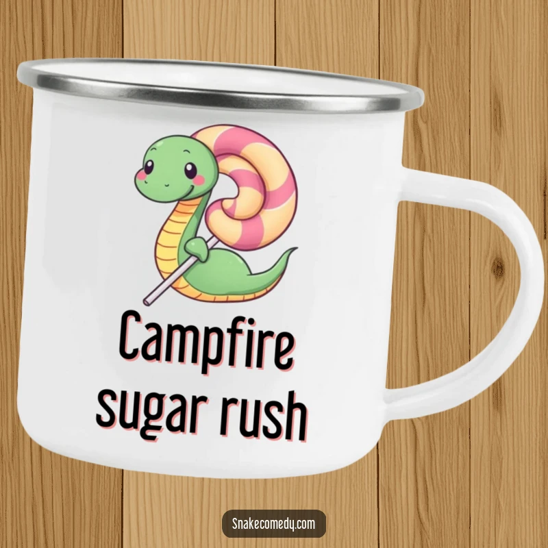 Funny camping mug with a happy snake coiled around a huge lollipop, designed for sweet outdoor enjoyment and humor.