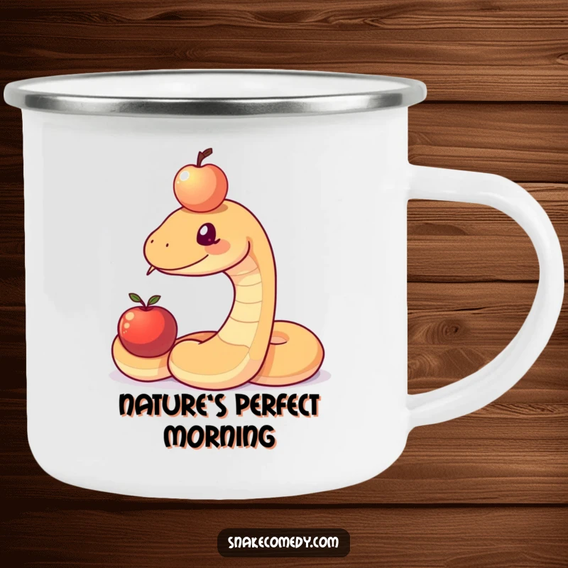 Funny enamel camping mug with a snake character trying to balance an apple on its forehead, designed for outdoor humor enthusiasts.