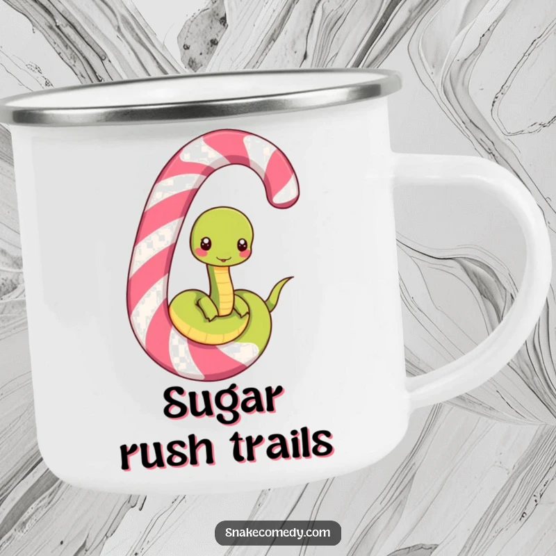 Funny camping mug with a happy snake character unwinding from a striped candy cane, perfect for outdoor enjoyment and laughs.