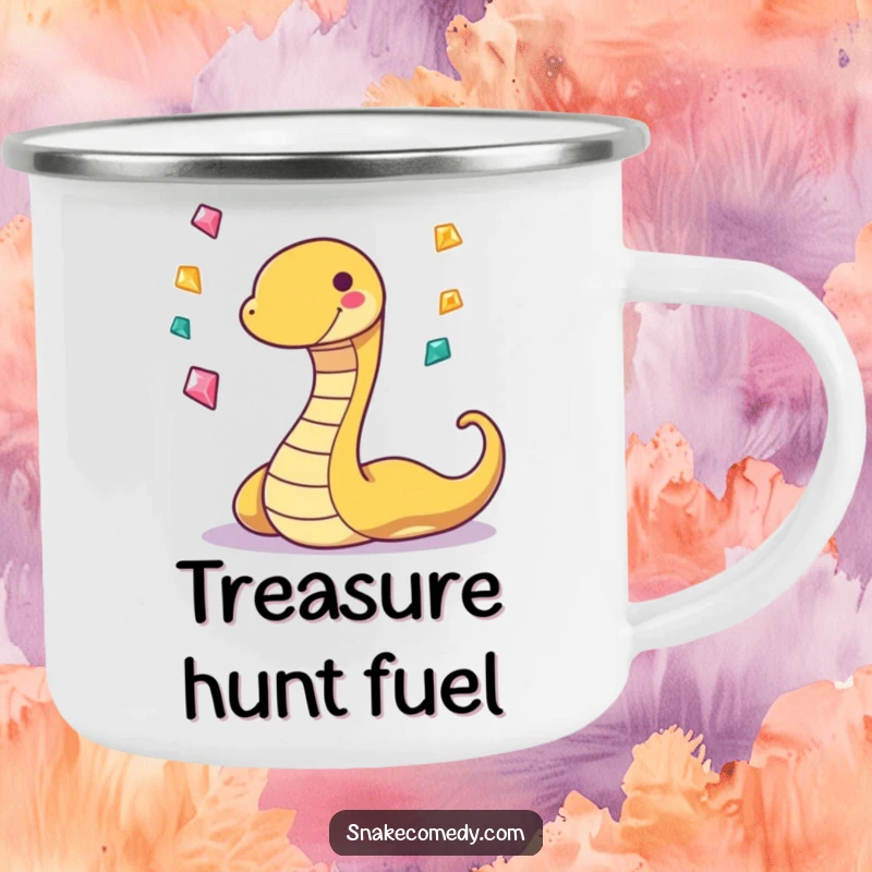 Funny camping mug with a playful, grinning snake character juggling three sparkling gems, perfect for outdoor amusement.
