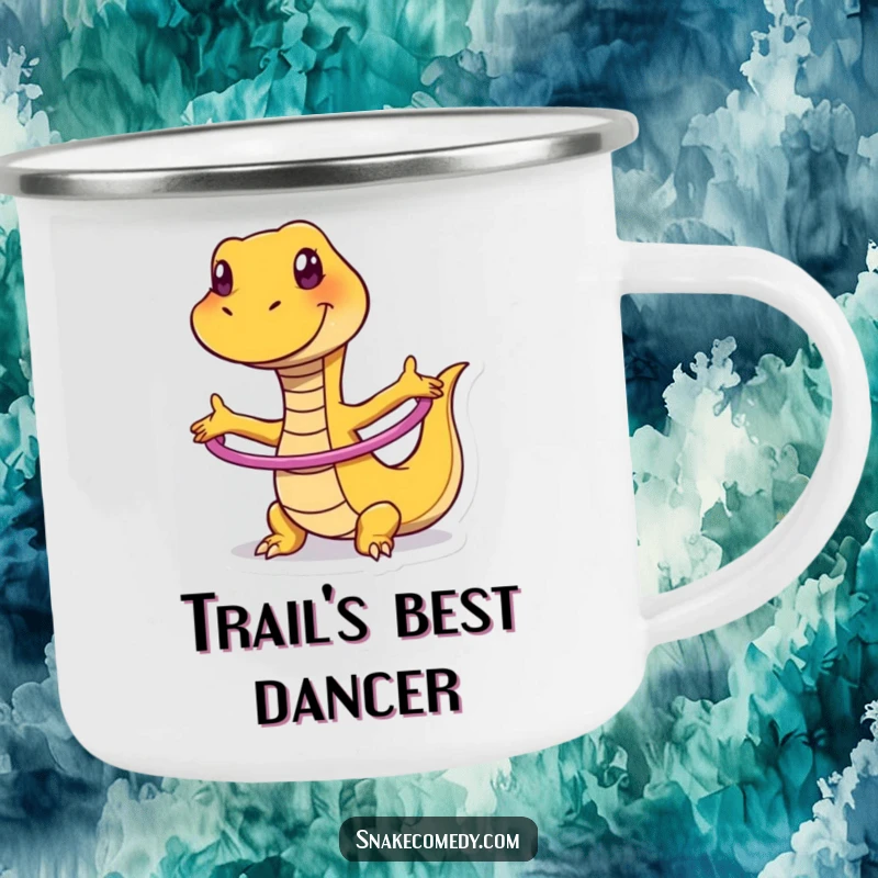 Funny camping mug featuring a snake with a wide grin, hula hooping with great enthusiasm during an outdoor trip.