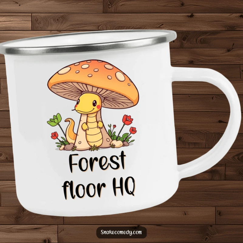 Funny camping mug featuring a sly snake peeking from behind a mushroom, bringing mischief to outdoor brews.