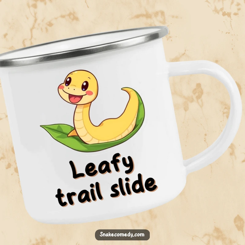 Funny snake camping mug showing an excited snake sliding down a leaf, perfect for outdoor enthusiasts.