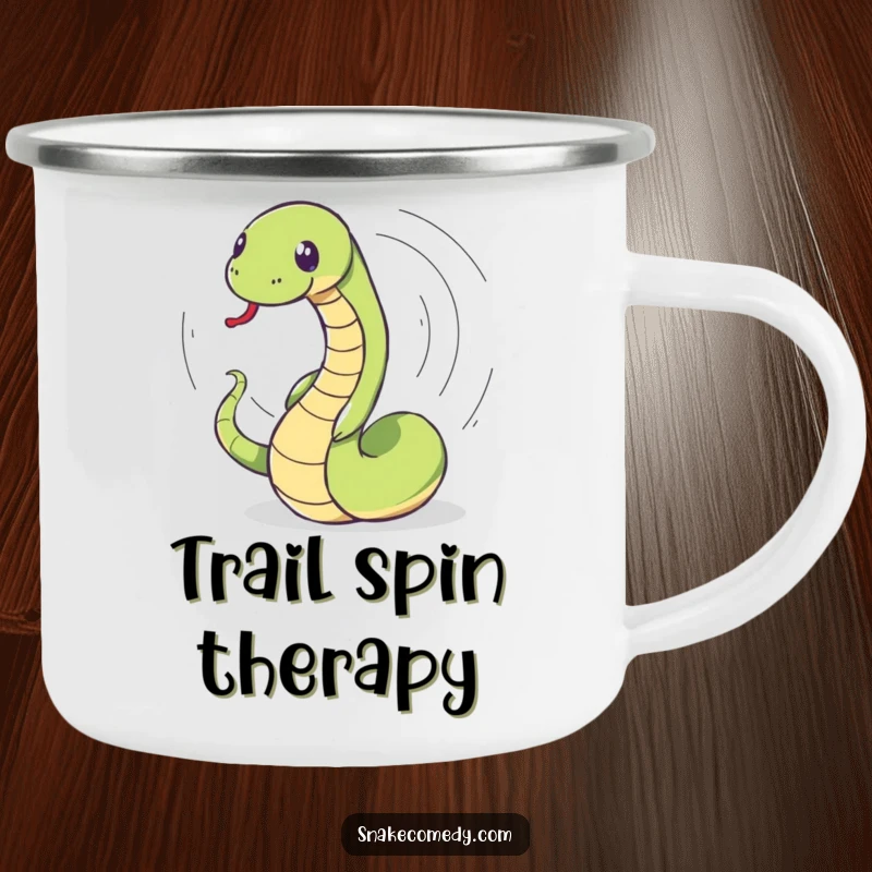 Funny snake camping mug featuring a snake in a dizzying spin chasing its tail, perfect for adding humor to outdoor beverages.