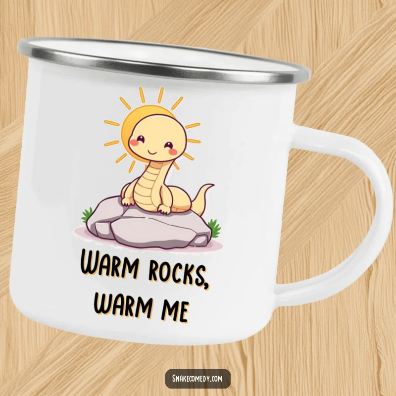 Funny snake camping mug showing a contented snake sunning on a rock, ideal for outdoor enthusiasts.