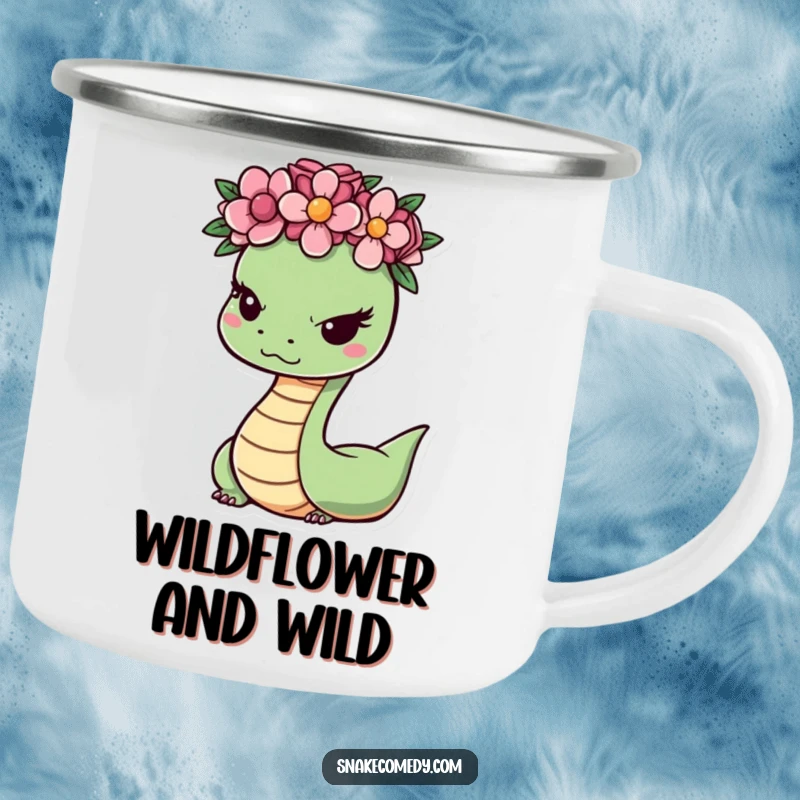 Funny snake with a flower crown winking, printed on a sturdy camping mug, ideal for outdoor sipping and adding a touch of humor.