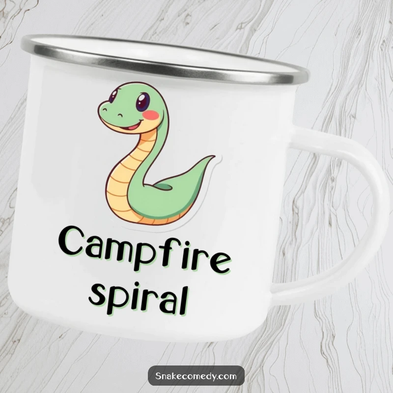 Funny snake camping mug showing a happy serpent coiled in a spiral with a grin, ready for outdoor fun.