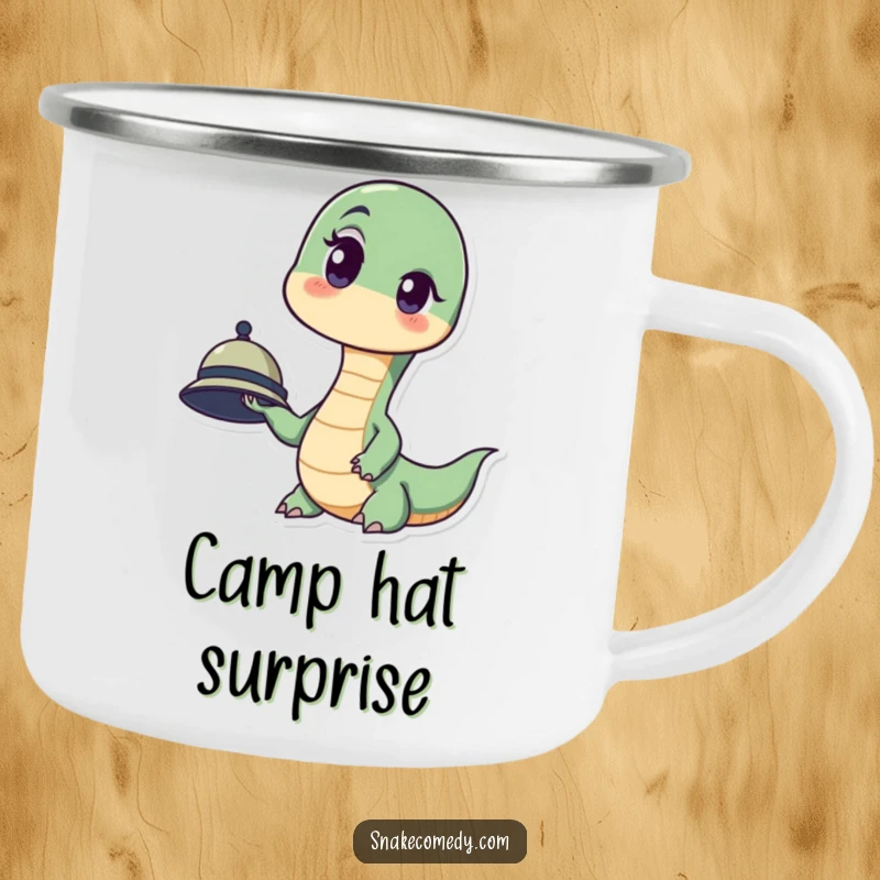 Funny camping mug featuring a snake with a surprised expression, eyebrow raised, holding a tiny hat.