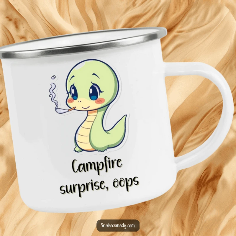 Funny Snake Camping Mug: surprised serpent exhaling smoke, perfect for outdoor humor and gifts.