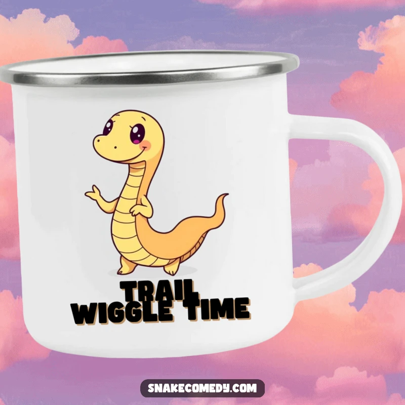 Funny snake camping mug showing a happy serpent doing a fun wiggle dance, ready for outdoor fun with a dancing spirit.