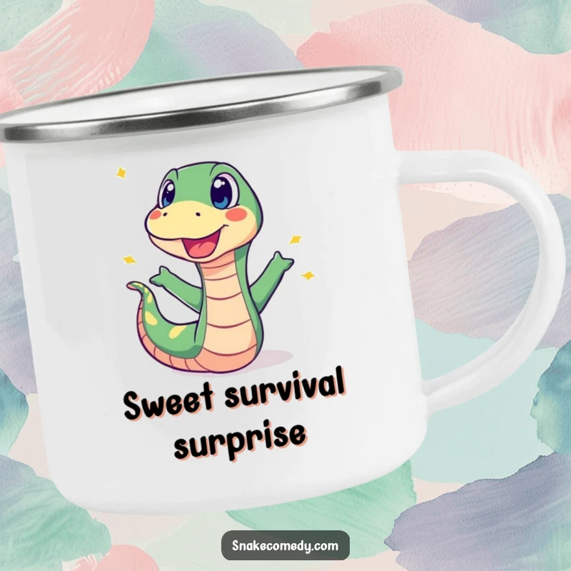 Funny camping mug with a surprised snake recoiling from a popping sweet, designed for outdoor humor and reactions.